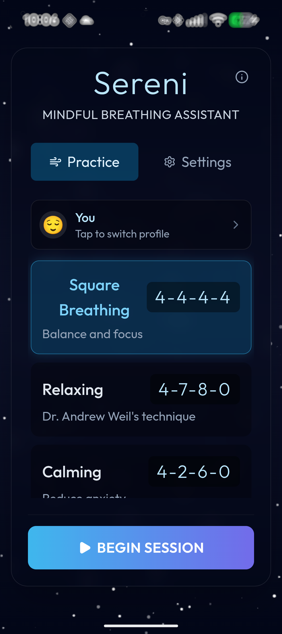 Sereni Breathing Session - Beautiful cosmic theme with guide shape